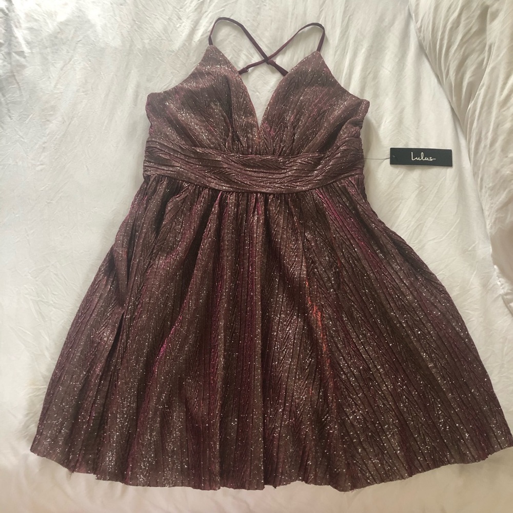 Lulus Burgundy sparkly low cut mini dress